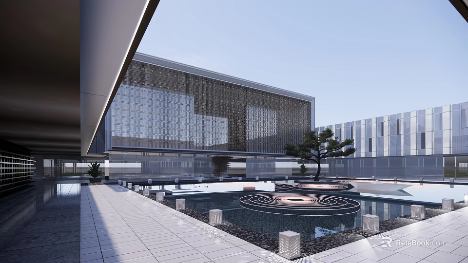 Modern Sales Office Building With Glass Curtain Wall And Water Feature Courtyard 3d model 
