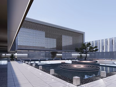 Modern Sales Office Building With Glass Curtain Wall And Water Feature Courtyard 3d model