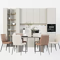 Modern Kitchen Dining Table Set With Mixed Color Chairs Cabinets And Open Shelves 3d model