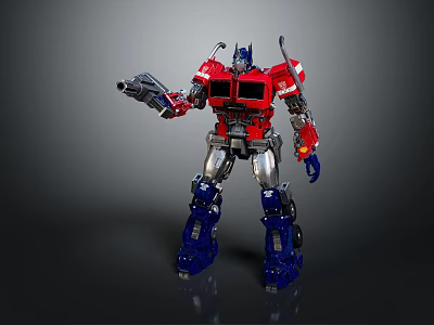 Red Blue Transformer Robot With Mechanical Armor Holding Weapon Standing Pose Design 3d model