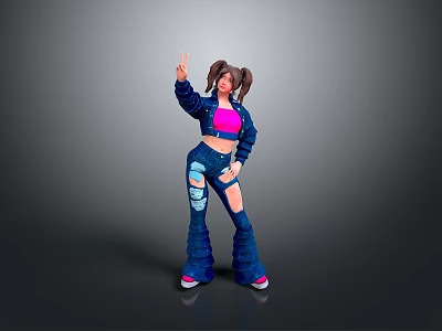 Stylish Woman With Pigtails Wearing Blue Jacket Pink Crop Top And Distressed Jeans 3d model