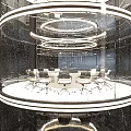 Sleek White Ergonomic Office Chairs Arranged In Futuristic Circular Glass Company Conference Space