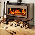 Modern Metal Fireplace With Burning Flames Wood Storage Logs And Red Curtains
