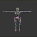 Blue Red Robot 3D Model Standing With Open Arms On Reflective Surface