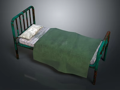 Single Bed With Rusted Green Bed Frame Green Blanket And White Pillow 3d model