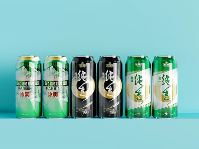Various Canned Drinks with Different Colors and Chinese Labels on Light Blue Background 3d model