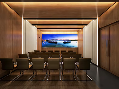 Modern Conference Room With Wooden Walls Large Screen And Arranged Seats 3d model