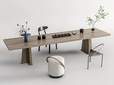 Modern Minimalist Wooden Tea Table and Chairs With Green Plants Ceramic Vases And Tea Set 3d model