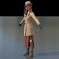 Female Game Movie Character in Beige Trench Coat Hat Red Skirt Black Gloves Brown Boots