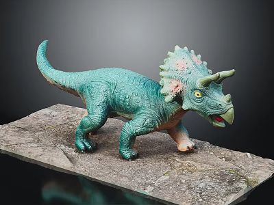 Teal Triceratops Dinosaur Model Featuring Pink Frill Standing On Rocky Base Design 3d model