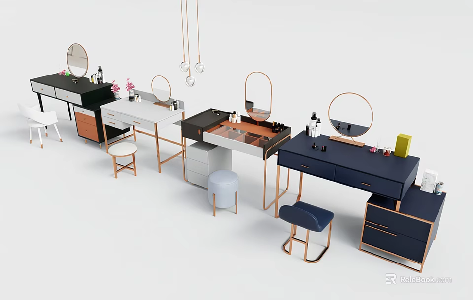 Modern Dressing Table Collection With Round Mirrors Stools And Cosmetic Accessories 3d model