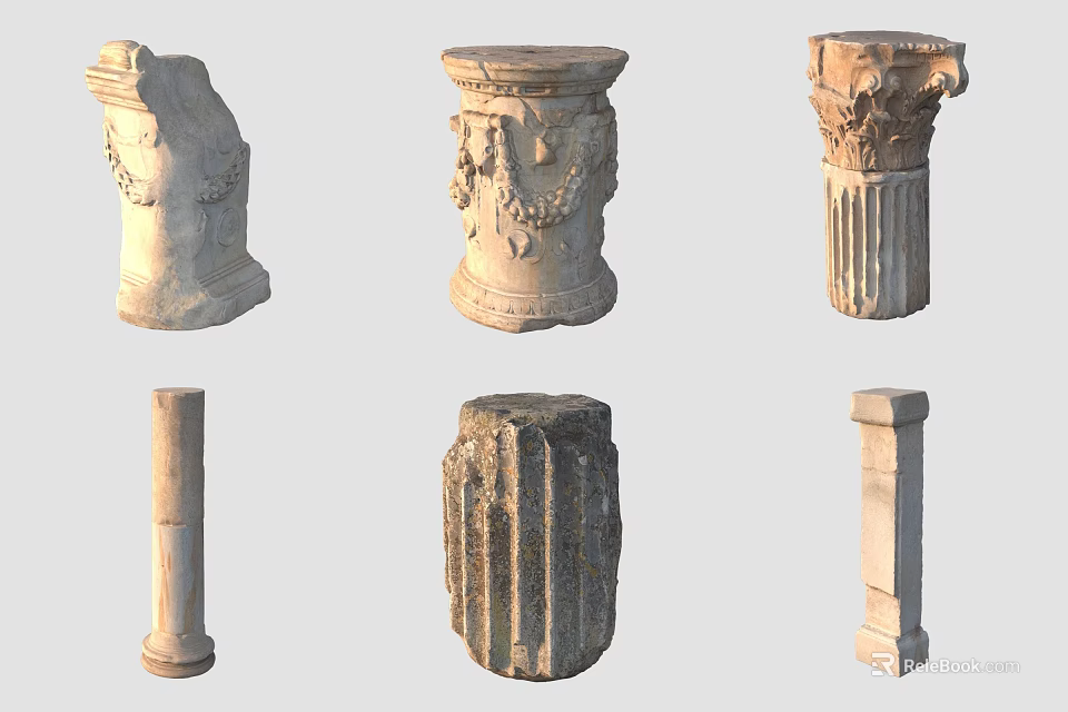 Rockery Stones Carved Into Classical Decorative Pillars With Various Patterns 3d model 