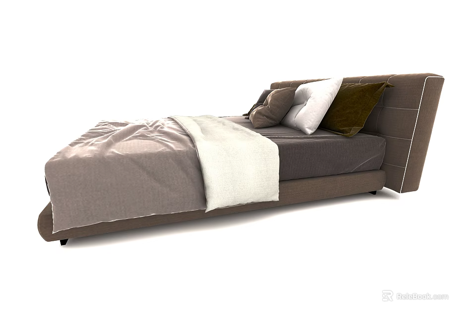 Modern Double Bed With Gray Bedding White Blanket And Brown Pillows 3d model