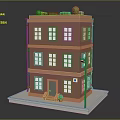 Cartoon Style Three Story Orange Building With Windows Roof Plants And Blue Street Lamp