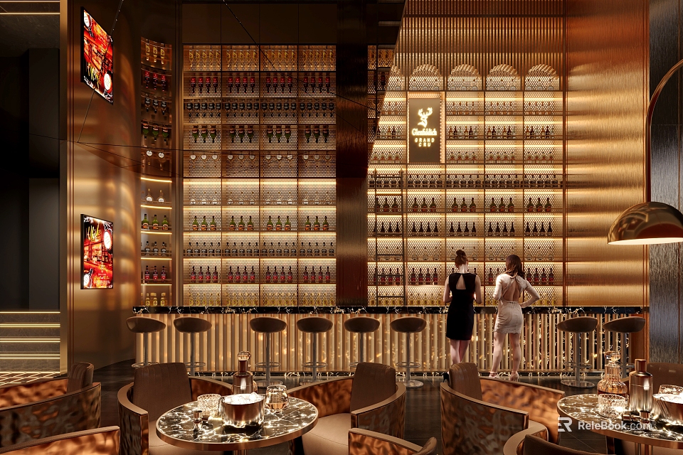 Elegant Bar Interior Design Featuring Liquor Shelves Bar Stools And Seating Area 3d model 