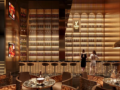 Elegant Bar Interior Design Featuring Liquor Shelves Bar Stools And Seating Area 3d model