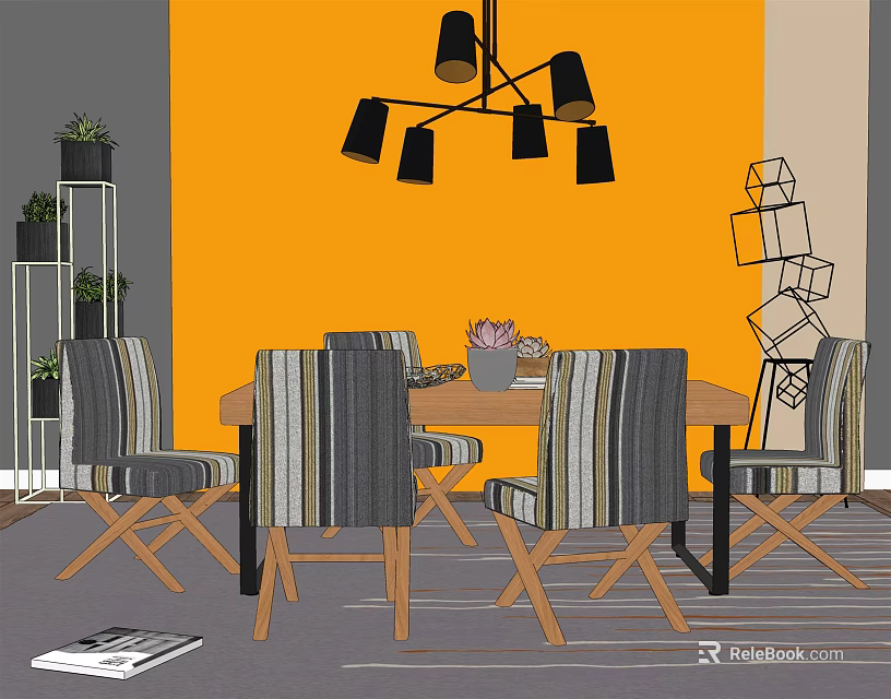 Wooden Dining Table Set with Striped Chairs Orange Wall Black Chandelier and Flower Vase 3d model 