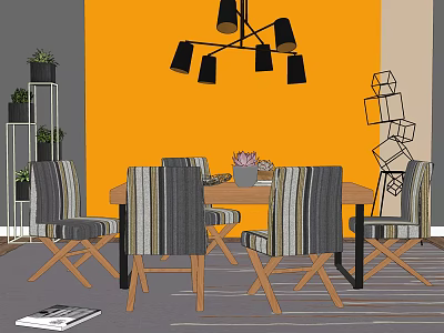 Wooden Dining Table Set with Striped Chairs Orange Wall Black Chandelier and Flower Vase 3d model