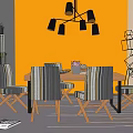 Wooden Dining Table Set with Striped Chairs Orange Wall Black Chandelier and Flower Vase