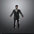 Man in Formal Suit Standing with Outstretched Arms Against Gray Background