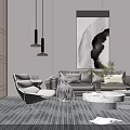 Casual Sofa Set With Armchair Marble Coffee Table Pendant Lights And Blue Carpet