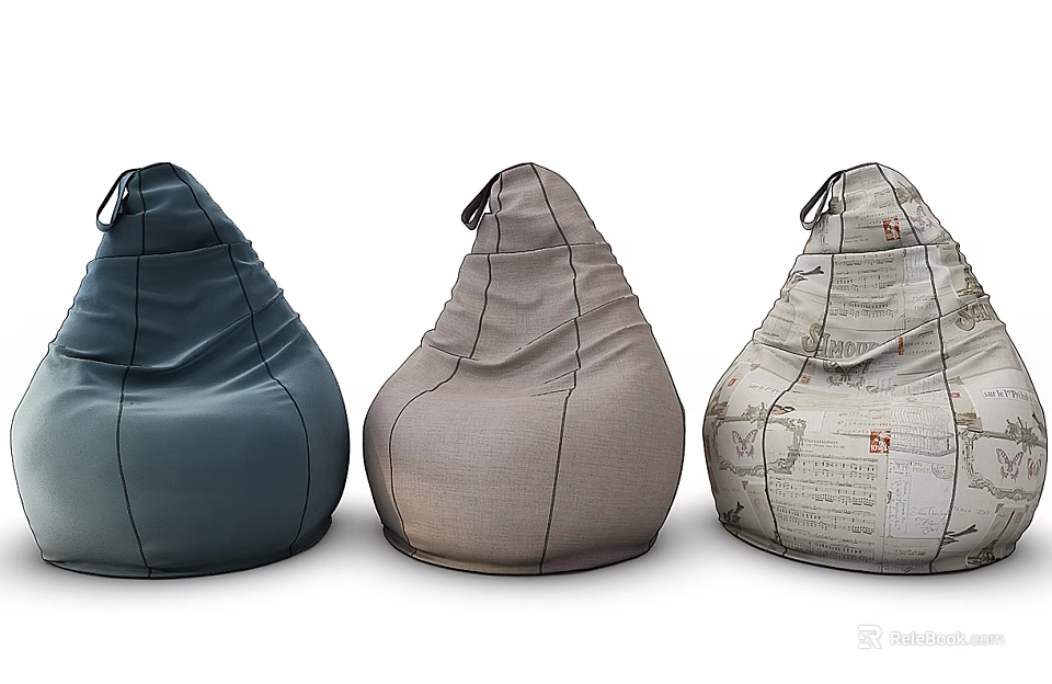 Three Different Colored Bean Bag Chairs With Stylish Fabric Designs For Living Room 3d model 