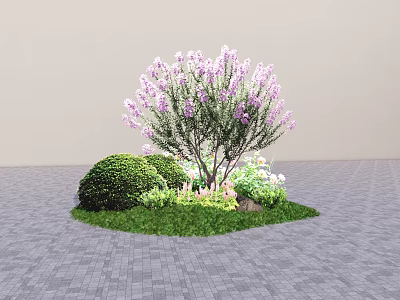 Ground Cover Plants With Purple Flowering Tree Green Shrubs Grass On Gray Brick Pavement 3d model