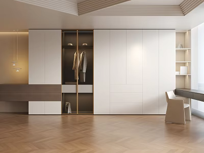 Modern White Wardrobe Interior Design With Open Compartments And Hanging Clothes 3d model
