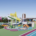 Colorful Children's Play Area Featuring Circular Structures Decorative Mushroom Shapes Vibrant Ground Patterns And Greenery