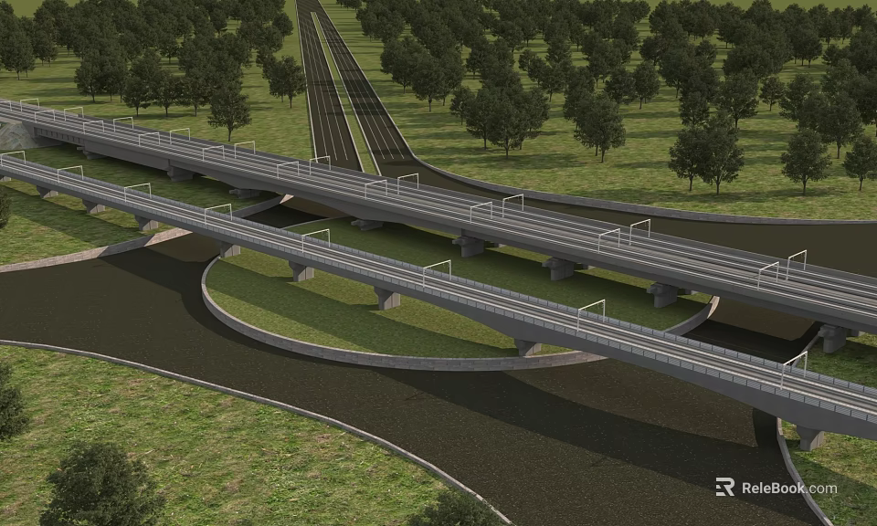 Modern Layered Bridge Over River Connecting Roads With Green Grass And Trees In Natural Landscape 3d model 