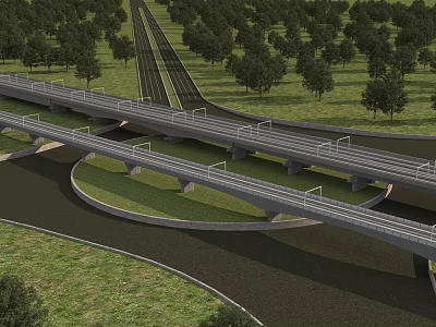 Modern Layered Bridge Over River Connecting Roads With Green Grass And Trees In Natural Landscape 3d model