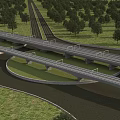 Modern Layered Bridge Over River Connecting Roads With Green Grass And Trees In Natural Landscape