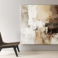 Abstract Painting With Neutral Tones Textured Design And Brown Chair In Minimalist Interior