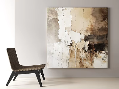 Abstract Painting With Neutral Tones Textured Design And Brown Chair In Minimalist Interior 3d model