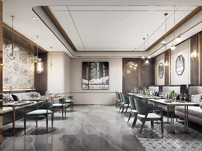 Elegant Modern Restaurant Interior Design With Hanging Lights Dining Tables Chairs And Marble Floor 3d model