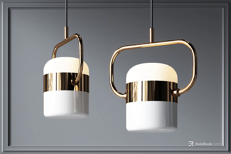 Two Modern Pendant Lights With White Shades And Golden Metal Frames Hanging On Gray Background 3d model 