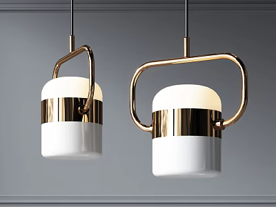 Two Modern Pendant Lights With White Shades And Golden Metal Frames Hanging On Gray Background 3d model