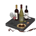 Elegant Wine Bottles and Glasses on Black Serving Tray with Macarons Chocolates and Decorative Ribbon