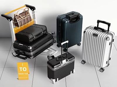 Variety Of Suitcases And Bags With Shopping Cart And Sign 3d model