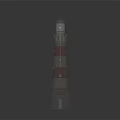 Tall Red And White Striped Lighthouse With Stone Base And Shining Light On Top