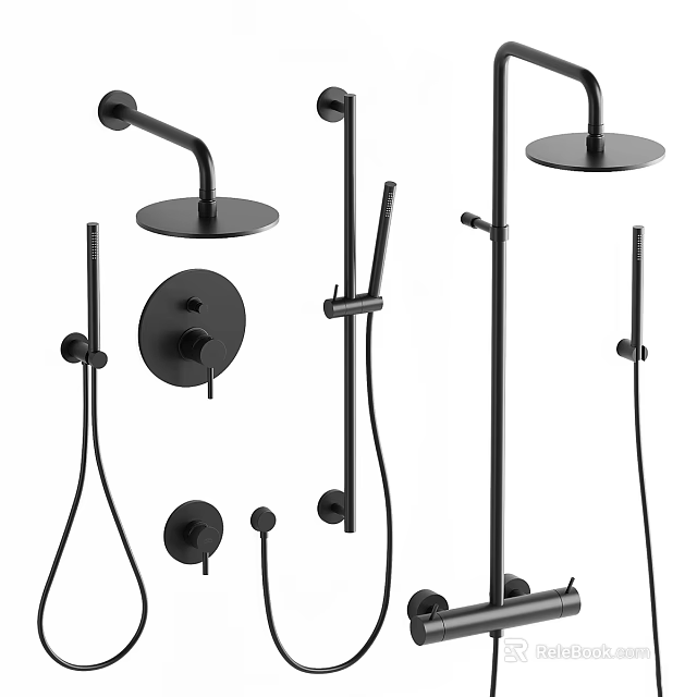 Modern Black Shower Faucet Set with Rainfall Head Handheld Sprayer Control Knobs and Hose 3d model 
