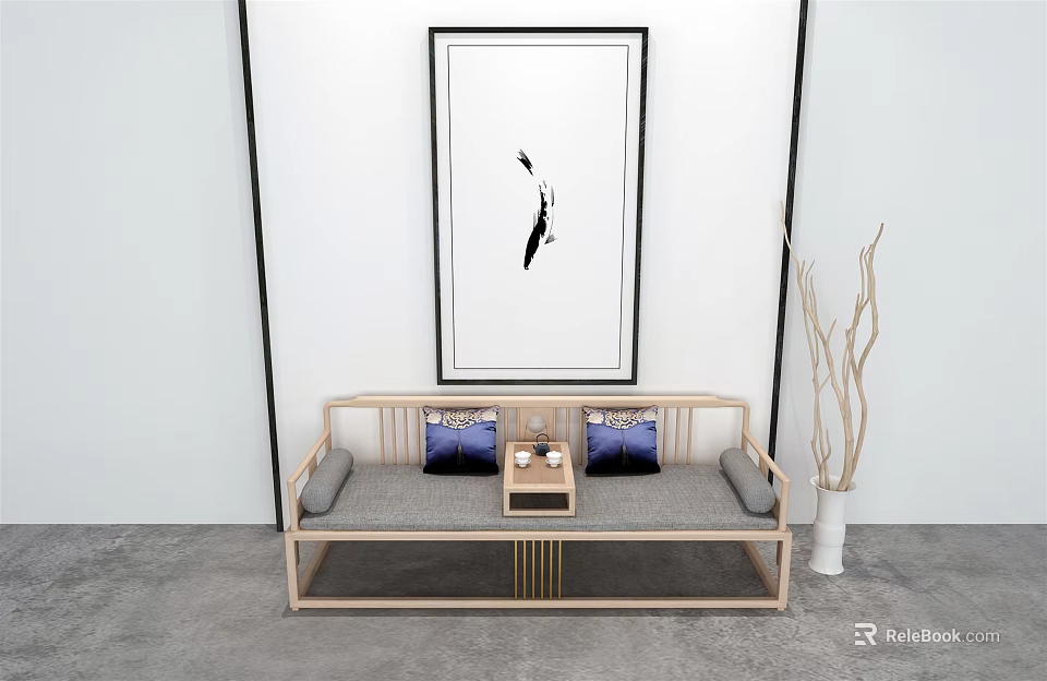 Wooden Frame Daybed with Blue Cushions Small Tea Table White Wall Black Art Decor 3d model 