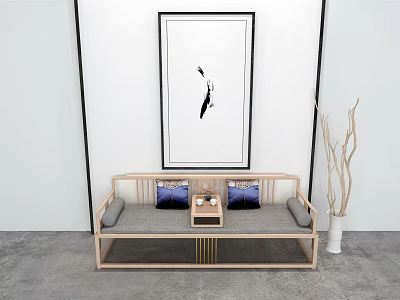 Wooden Frame Daybed with Blue Cushions Small Tea Table White Wall Black Art Decor 3d model