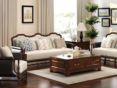 Classic Sofa and Coffee Table Set with Patterned Pillows Wooden Frame and Potted Plants 3d model