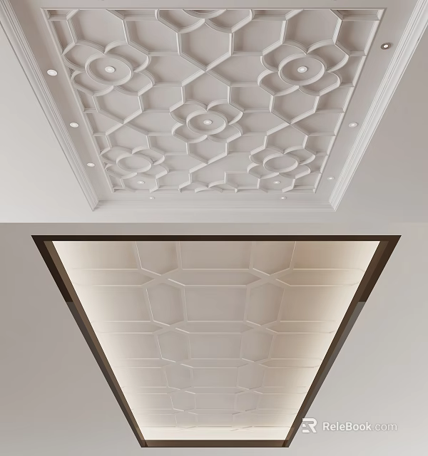 Modern Decorative Ceiling Design With Hexagonal Floral Patterns And Recessed Lighting 3d model 