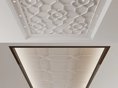 Modern Decorative Ceiling Design With Hexagonal Floral Patterns And Recessed Lighting 3d model