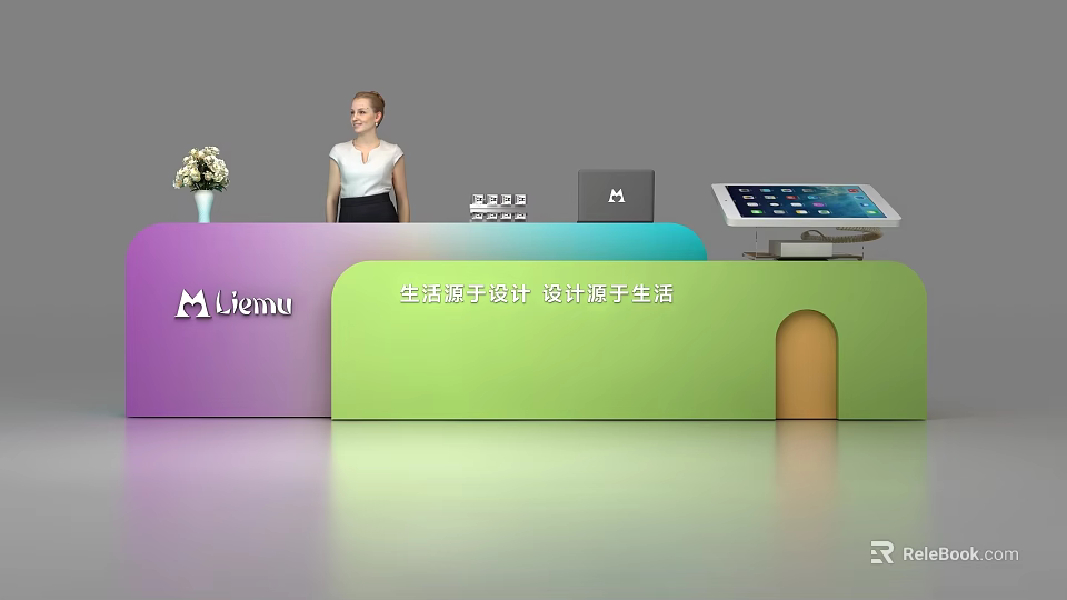 Mjicnu Modern Reception Desk With Purple Green Orange Design Laptop Tablet And Flower Vase 3d model 