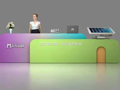 Mjicnu Modern Reception Desk With Purple Green Orange Design Laptop Tablet And Flower Vase 3d model