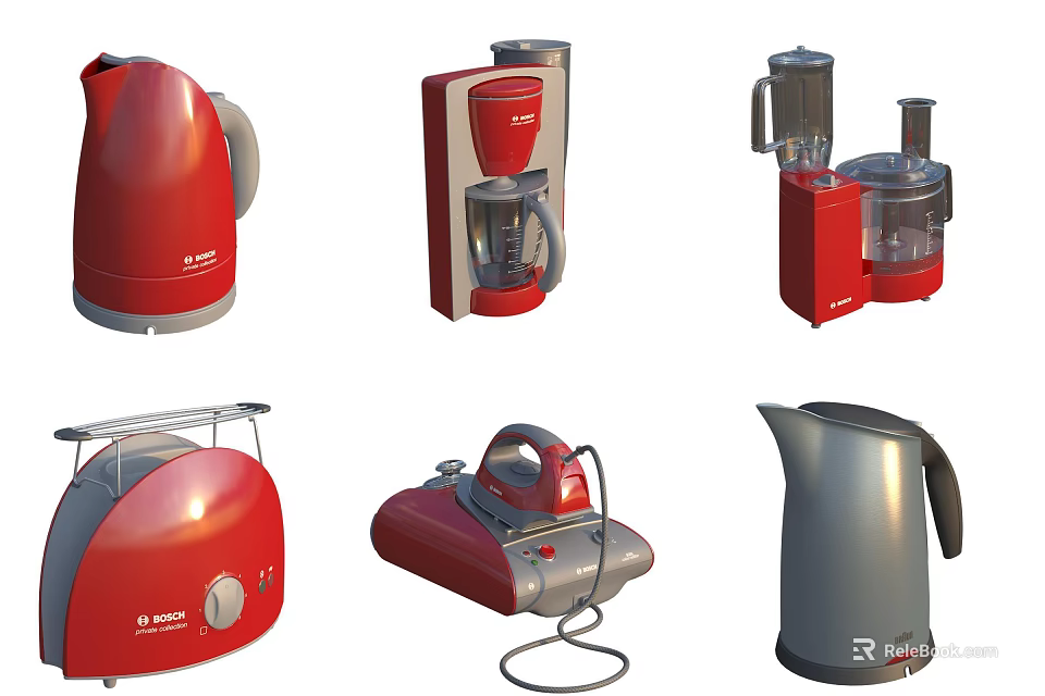 Red and Silver Modern Kitchen Appliances Including Kettle Coffee Maker Juicer and Toaster 3d model 