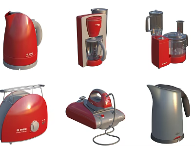 Red and Silver Modern Kitchen Appliances Including Kettle Coffee Maker Juicer and Toaster 3d model